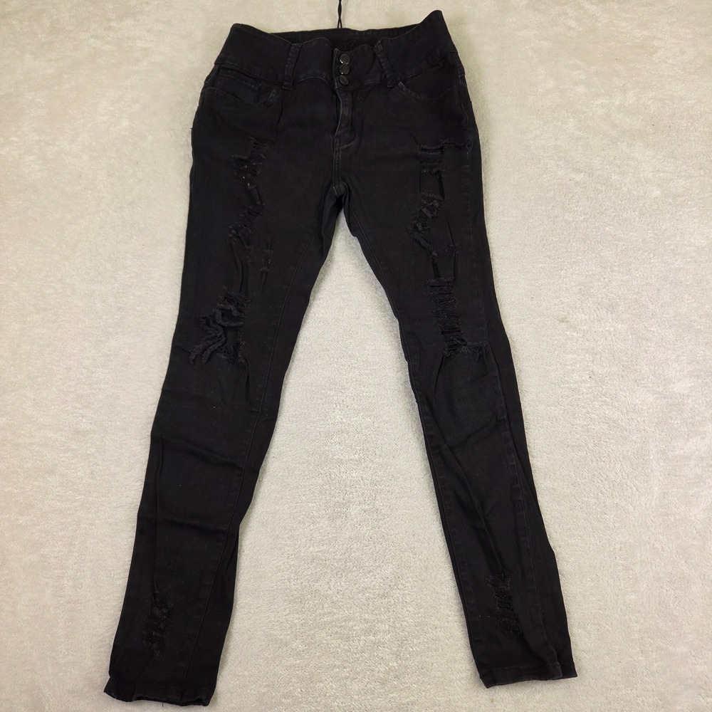 Ella Jeans Womens High Waisted Distressed Skinny Jeans Black Triple Button 7